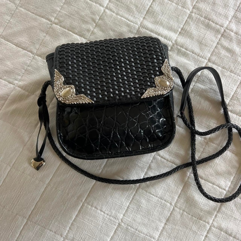 Vintage Crossbody Bag Women Small Black Leather Woven Croc Western Boho Winged